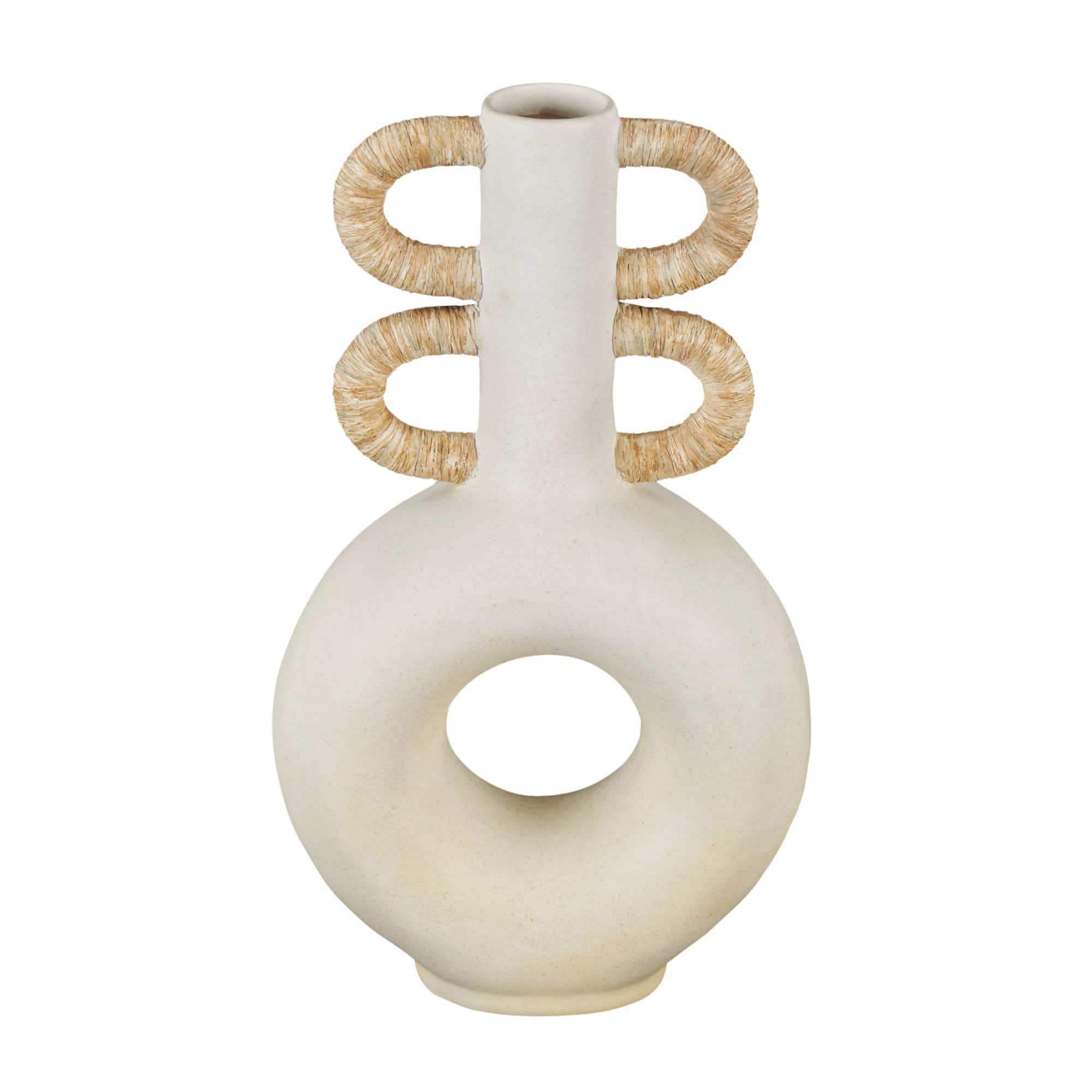 16" Cream Round Speckled Vase with Woven Inspired Arched Handles & Cutout Opening